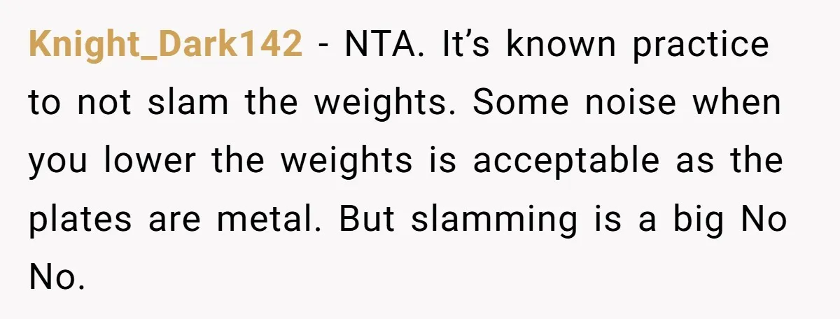 Knight_Dark142 - NTA. It’s known practice to not slam the weights. Some noise when you lower the weights is acceptable as the plates are metal. But slamming is a big...