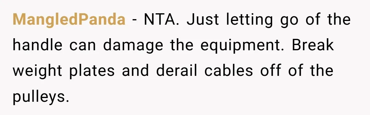 MangledPanda - NTA. Just letting go of the handle can damage the equipment. Break weight plates and derail cables off of the pulleys.