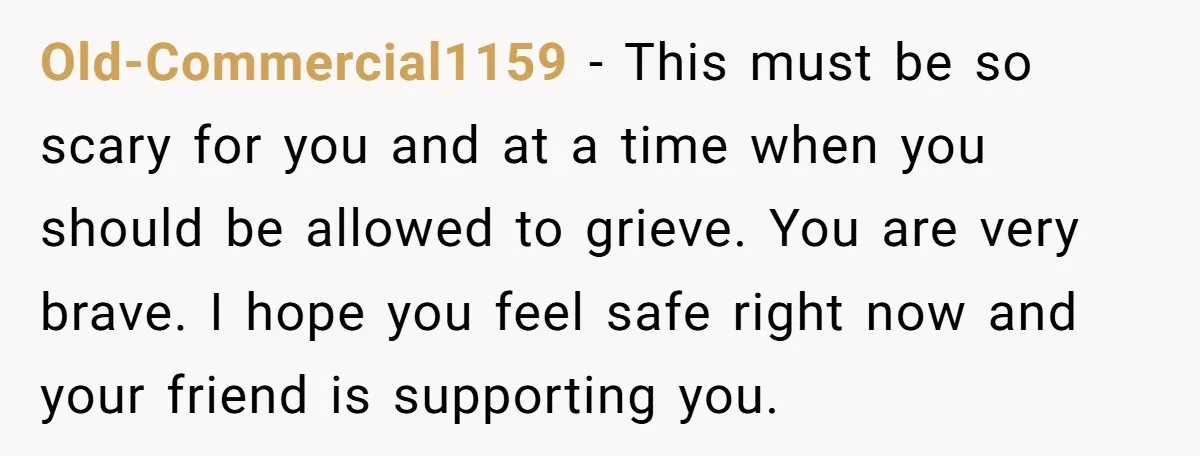 Old-Commercial1159 − This must be so scary for you and at a time when you should be allowed to grieve. You are very brave. I hope you feel safe right...