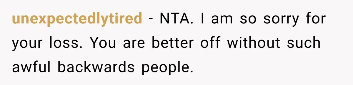 unexpectedlytired − NTA. I am so sorry for your loss. You are better off without such awful backwards people.