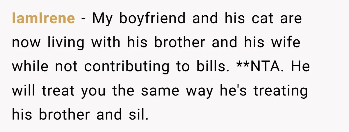 IamIrene − My boyfriend and his cat are now living with his brother and his wife while not contributing to bills. **NTA. He will treat you the same way he's...