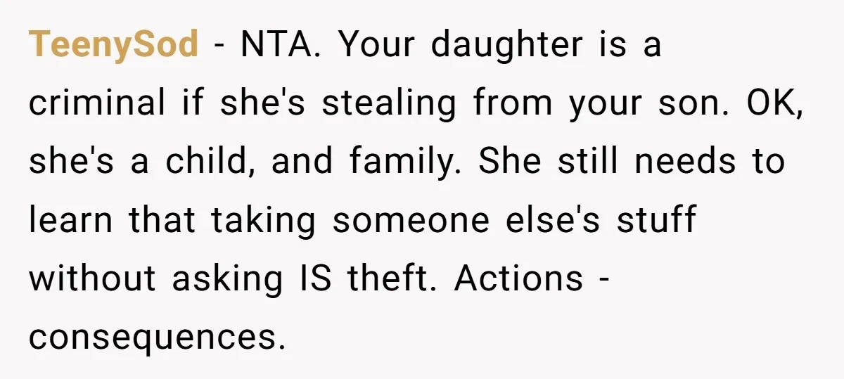 TeenySod − NTA. Your daughter is a criminal if she's stealing from your son. OK, she's a child, and family. She still needs to learn that taking someone else's stuff...