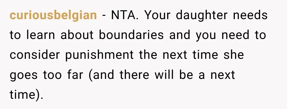 curiousbelgian − NTA. Your daughter needs to learn about boundaries and you need to consider punishment the next time she goes too far (and there will be a next time).