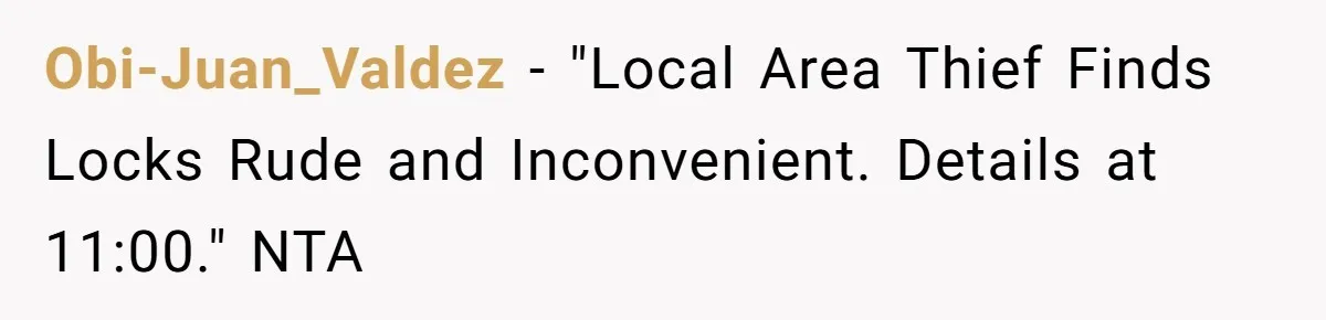 Obi-Juan_Valdez − "Local Area Thief Finds Locks Rude and Inconvenient. Details at 11:00." NTA