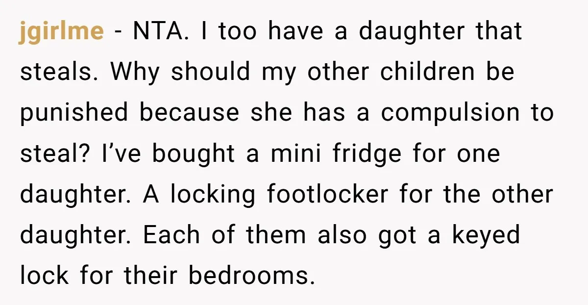 jgirlme − NTA. I too have a daughter that steals. Why should my other children be punished because she has a compulsion to steal? I’ve bought a mini fridge for...