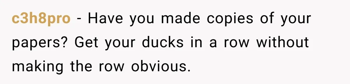c3h8pro − Have you made copies of your papers? Get your ducks in a row without making the row obvious.