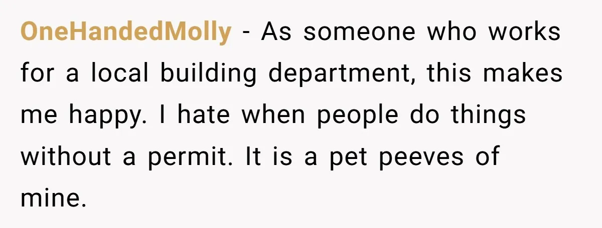 OneHandedMolly − As someone who works for a local building department, this makes me happy. I hate when people do things without a permit. It is a pet peeves of...
