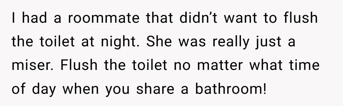 I had a roommate that didn’t want to flush the toilet at night. She was really just a miser. Flush the toilet no matter what time of day when you...