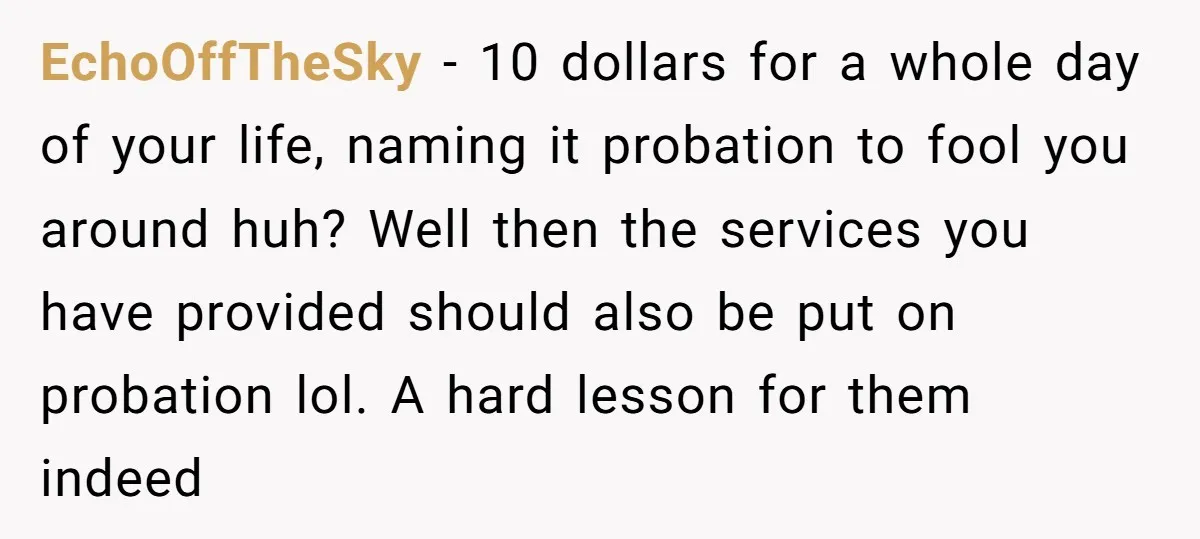EchoOffTheSky − 10 dollars for a whole day of your life, naming it probation to fool you around huh? Well then the services you have provided should also be put...