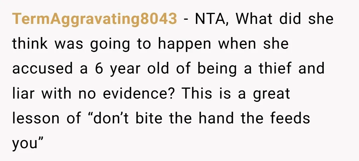 TermAggravating8043 − NTA, What did she think was going to happen when she accused a 6 year old of being a thief and liar with no evidence? This is a...