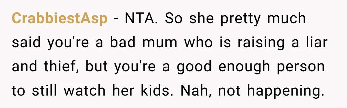 CrabbiestAsp − NTA. So she pretty much said you're a bad mum who is raising a liar and thief, but you're a good enough person to still watch her kids....