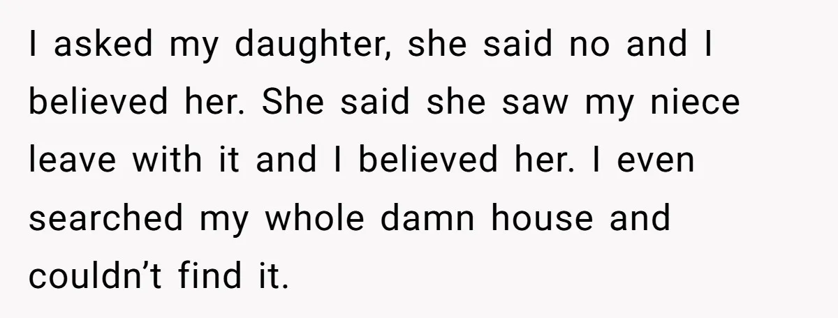 I asked my daughter, she said no and I believed her. She said she saw my niece leave with it and I believed her. I even searched my whole damn...