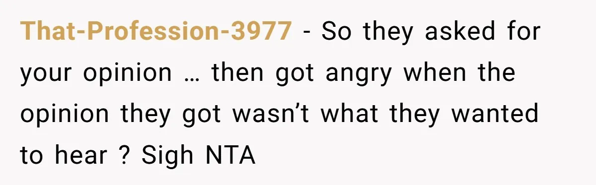That-Profession-3977 − So they asked for your opinion … then got angry when the opinion they got wasn’t what they wanted to hear ? Sigh NTA