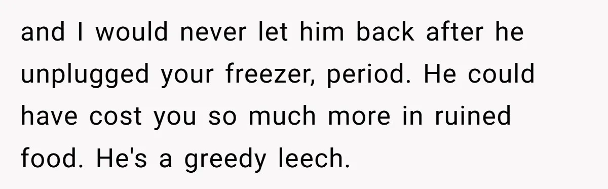 and I would never let him back after he unplugged your freezer, period. He could have cost you so much more in ruined food. He's a greedy leech.