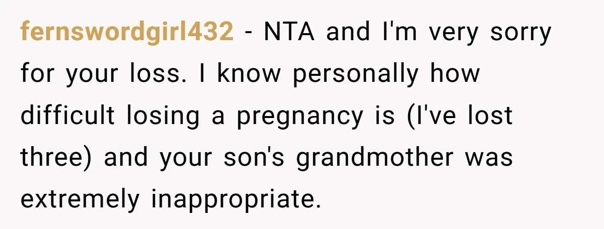 fernswordgirl432 − NTA and I'm very sorry for your loss. I know personally how difficult losing a pregnancy is (I've lost three) and your son's grandmother was extremely inappropriate.