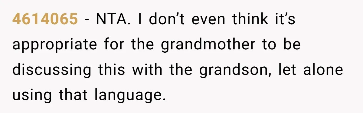 4614065 − NTA. I don’t even think it’s appropriate for the grandmother to be discussing this with the grandson, let alone using that language.