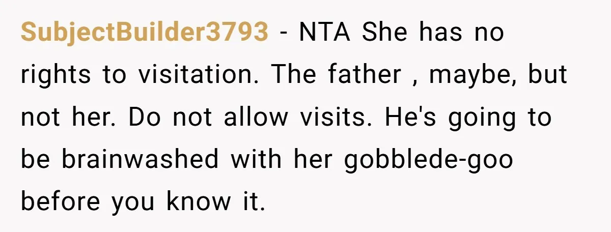 SubjectBuilder3793 − NTA She has no rights to visitation. The father , maybe, but not her. Do not allow visits. He's going to be brainwashed with her gobblede-goo before you...