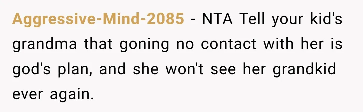 Aggressive-Mind-2085 − NTA Tell your kid's grandma that goning no contact with her is god's plan, and she won't see her grandkid ever again.