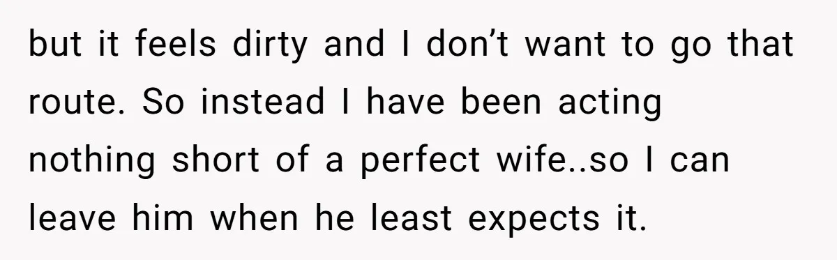 but it feels dirty and I don’t want to go that route. So instead I have been acting nothing short of a perfect wife..so I can leave him when he...