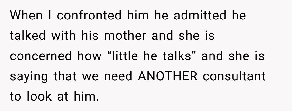When I confronted him he admitted he talked with his mother and she is concerned how “little he talks” and she is saying that we need ANOTHER consultant to look...