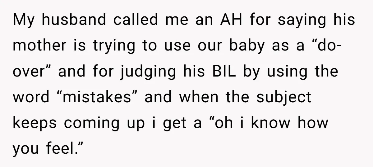 My husband called me an AH for saying his mother is trying to use our baby as a “do-over” and for judging his BIL by using the word “mistakes” and...