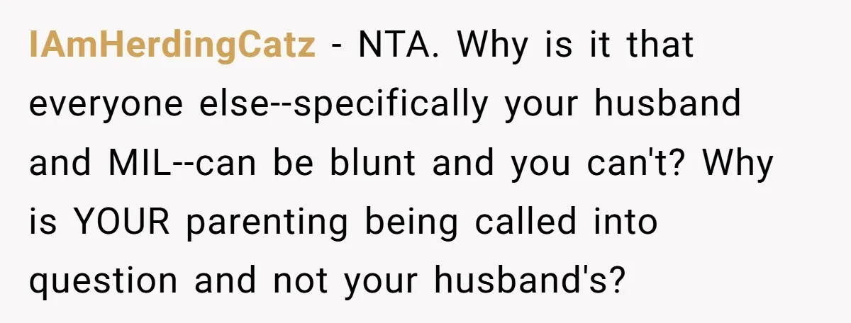 IAmHerdingCatz − NTA. Why is it that everyone else--specifically your husband and MIL--can be blunt and you can't? Why is YOUR parenting being called into question and not your husband's?