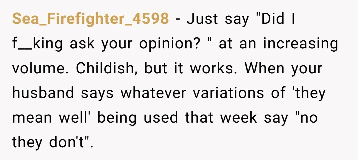 Sea_Firefighter_4598 − Just say "Did I f__king ask your opinion? " at an increasing volume. Childish, but it works. When your husband says whatever variations of 'they mean well' being...