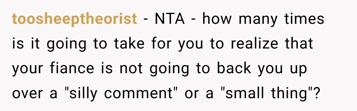 toosheeptheorist − NTA - how many times is it going to take for you to realize that your fiance is not going to back you up over a "silly comment"...