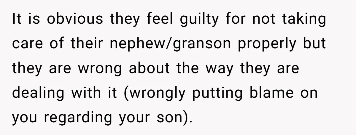 It is obvious they feel guilty for not taking care of their nephew/granson properly but they are wrong about the way they are dealing with it (wrongly putting blame on...