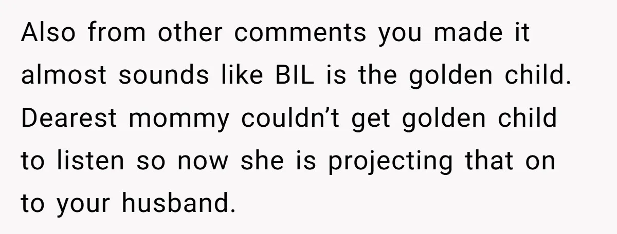 Also from other comments you made it almost sounds like BIL is the golden child. Dearest mommy couldn’t get golden child to listen so now she is projecting that on...