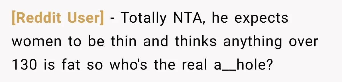 [Reddit User] − Totally NTA, he expects women to be thin and thinks anything over 130 is fat so who's the real a__hole?
