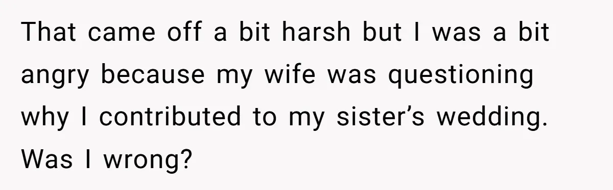 That came off a bit harsh but I was a bit angry because my wife was questioning why I contributed to my sister’s wedding. Was I wrong?