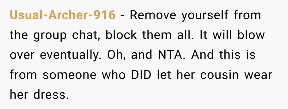 Usual-Archer-916 − Remove yourself from the group chat, block them all. It will blow over eventually. Oh, and NTA. And this is from someone who DID let her cousin wear...