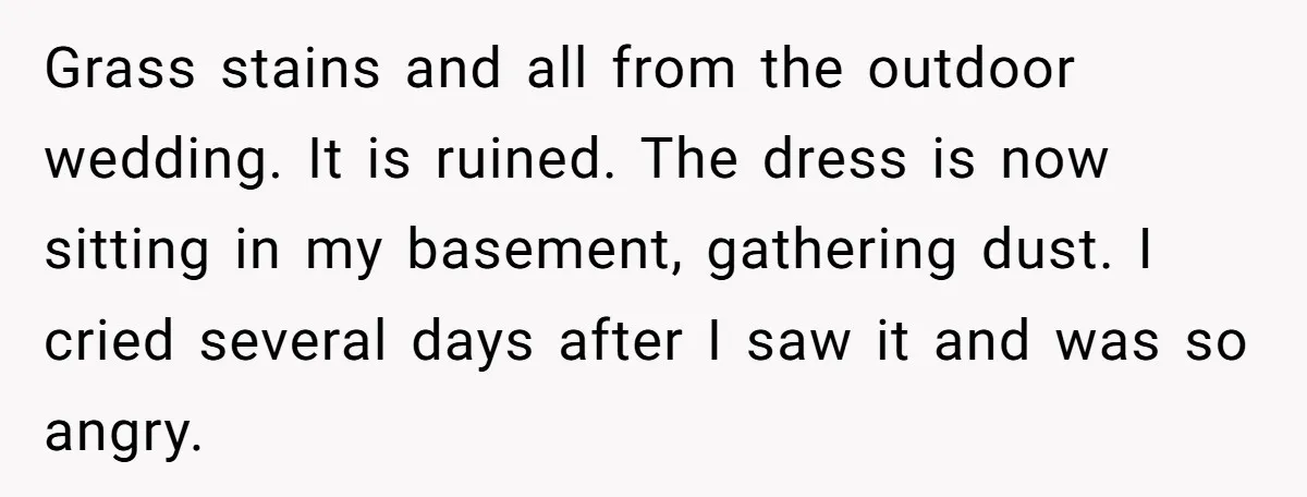 Grass stains and all from the outdoor wedding. It is ruined. The dress is now sitting in my basement, gathering dust. I cried several days after I saw it and...