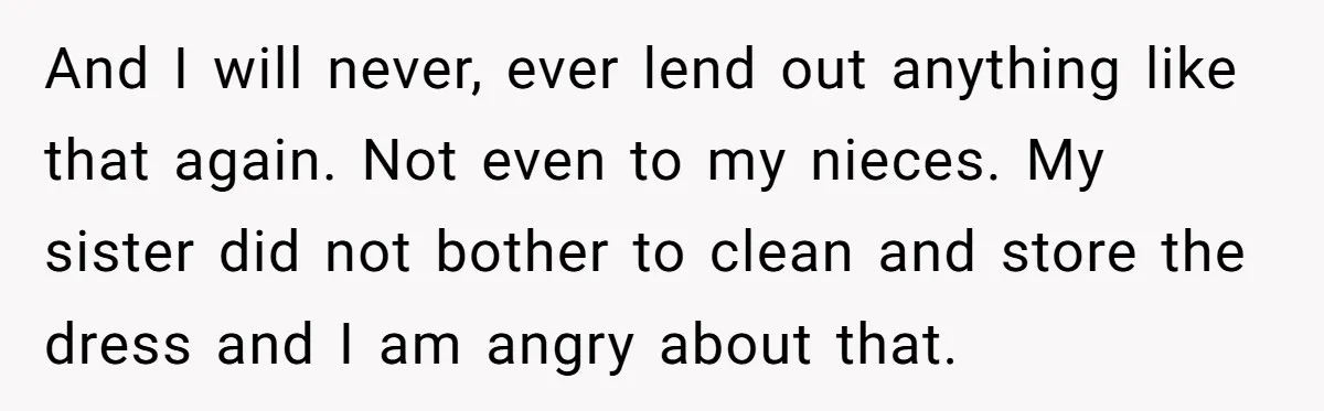 And I will never, ever lend out anything like that again. Not even to my nieces. My sister did not bother to clean and store the dress and I am...