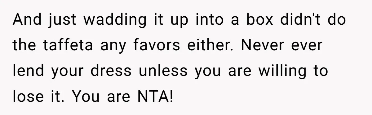 And just wadding it up into a box didn't do the taffeta any favors either. Never ever lend your dress unless you are willing to lose it. You are NTA!
