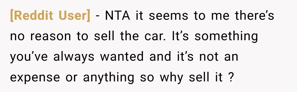 [Reddit User] − NTA it seems to me there’s no reason to sell the car. It’s something you’ve always wanted and it’s not an expense or anything so why sell...