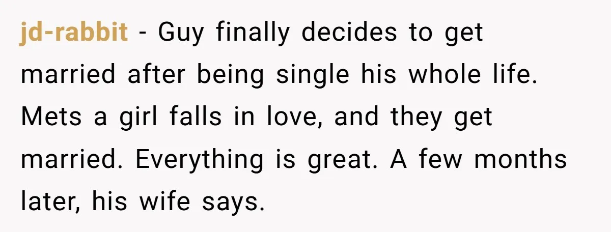 jd-rabbit − Guy finally decides to get married after being single his whole life. Mets a girl falls in love, and they get married. Everything is great. A few months...