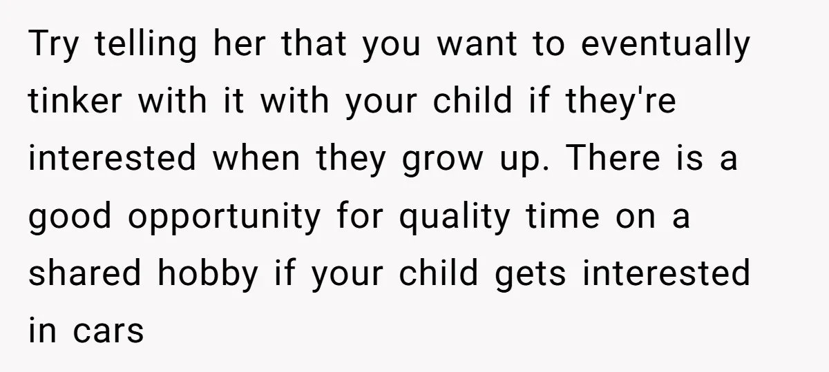 Try telling her that you want to eventually tinker with it with your child if they're interested when they grow up. There is a good opportunity for quality time on...