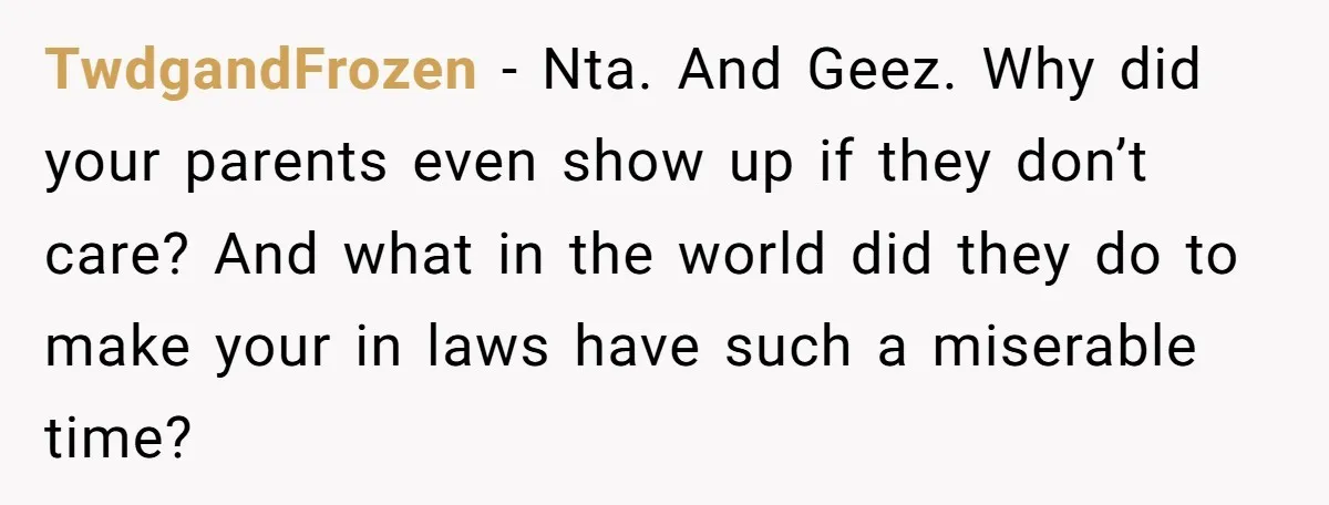 TwdgandFrozen − Nta. And Geez. Why did your parents even show up if they don’t care? And what in the world did they do to make your in laws have...