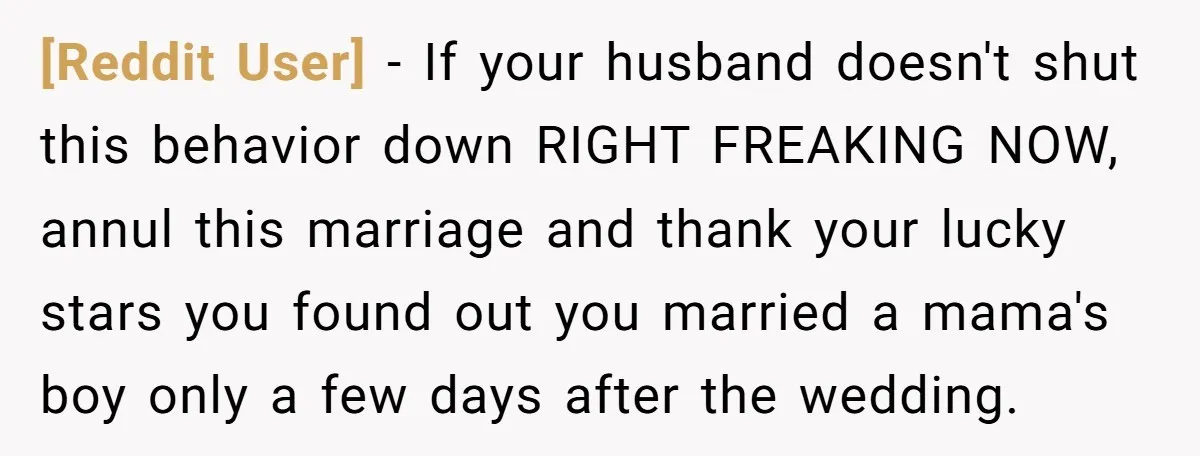 [Reddit User] − If your husband doesn't shut this behavior down RIGHT FREAKING NOW, annul this marriage and thank your lucky stars you found out you married a mama's boy...