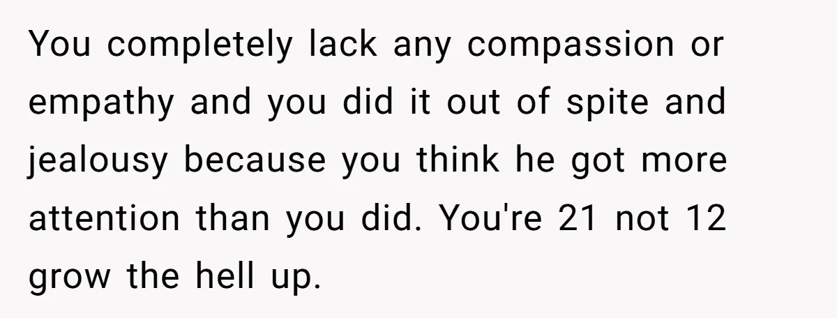 You completely lack any compassion or empathy and you did it out of spite and jealousy because you think he got more attention than you did. You're 21 not 12...