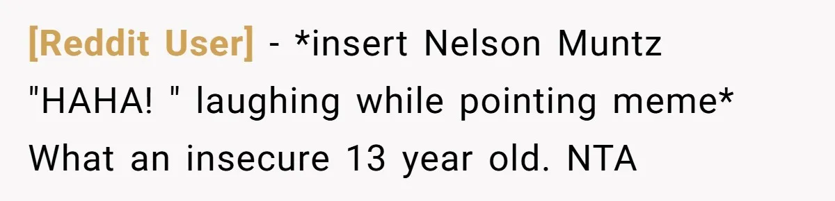[Reddit User] − *insert Nelson Muntz "HAHA! " laughing while pointing meme* What an insecure 13 year old. NTA