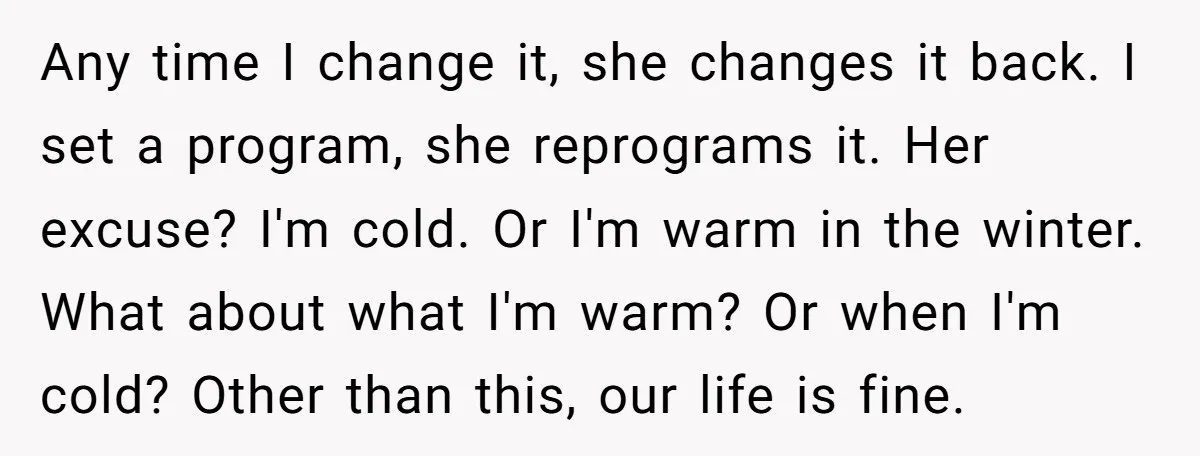 Any time I change it, she changes it back. I set a program, she reprograms it. Her excuse? I'm cold. Or I'm warm in the winter. What about what I'm...