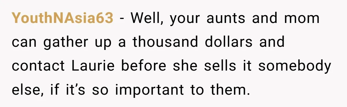 YouthNAsia63 − Well, your aunts and mom can gather up a thousand dollars and contact Laurie before she sells it somebody else, if it’s so important to them.