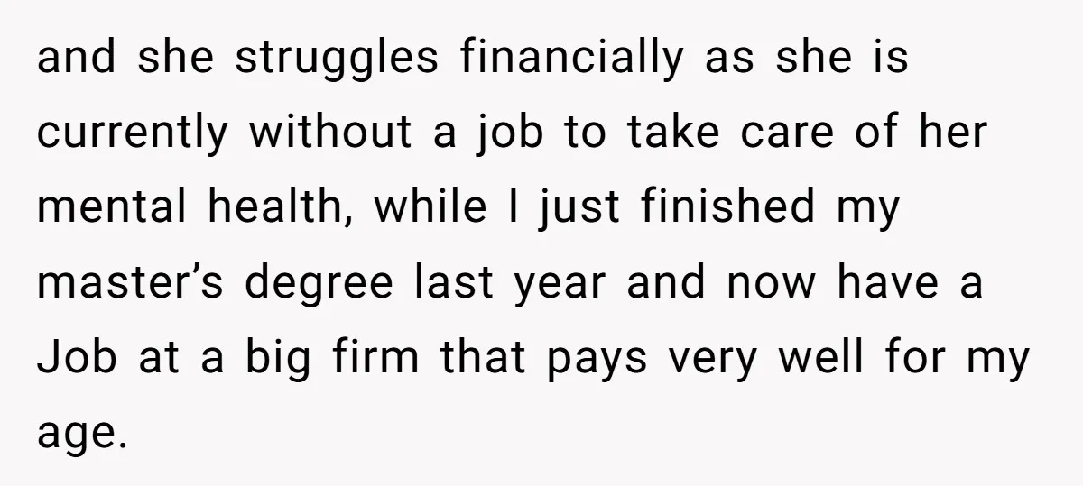 and she struggles financially as she is currently without a job to take care of her mental health, while I just finished my master’s degree last year and now have...