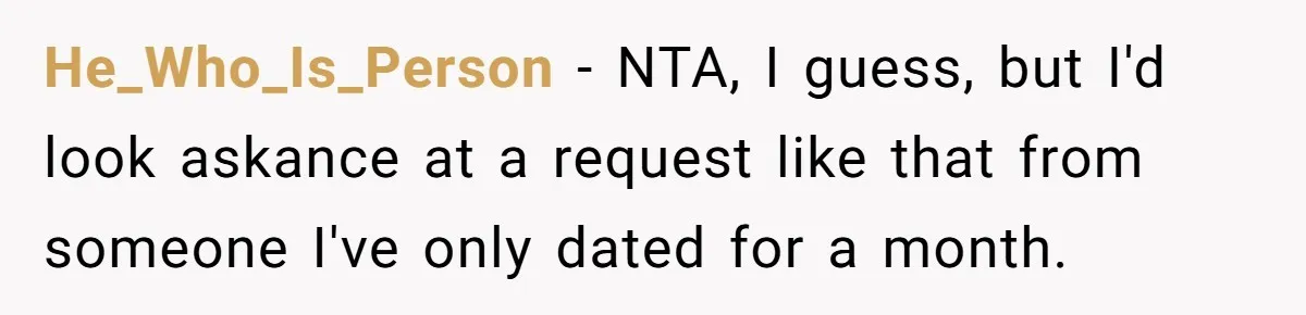 He_Who_Is_Person − NTA, I guess, but I'd look askance at a request like that from someone I've only dated for a month.
