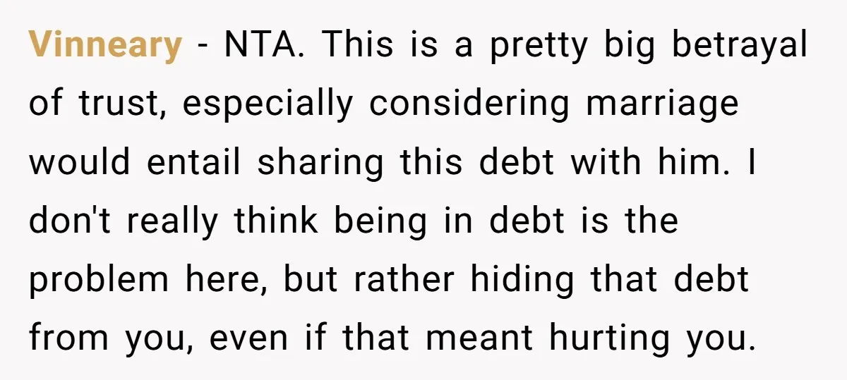 Vinneary − NTA. This is a pretty big betrayal of trust, especially considering marriage would entail sharing this debt with him. I don't really think being in debt is the...