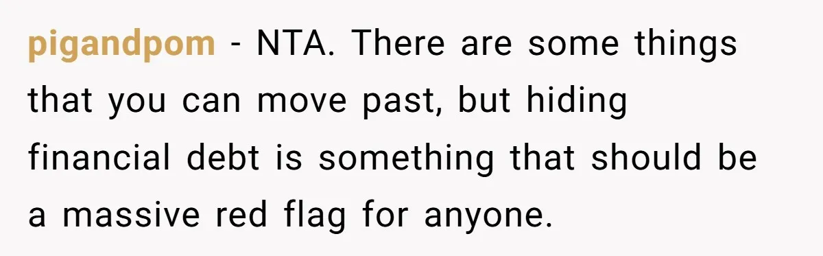 pigandpom − NTA. There are some things that you can move past, but hiding financial debt is something that should be a massive red flag for anyone.