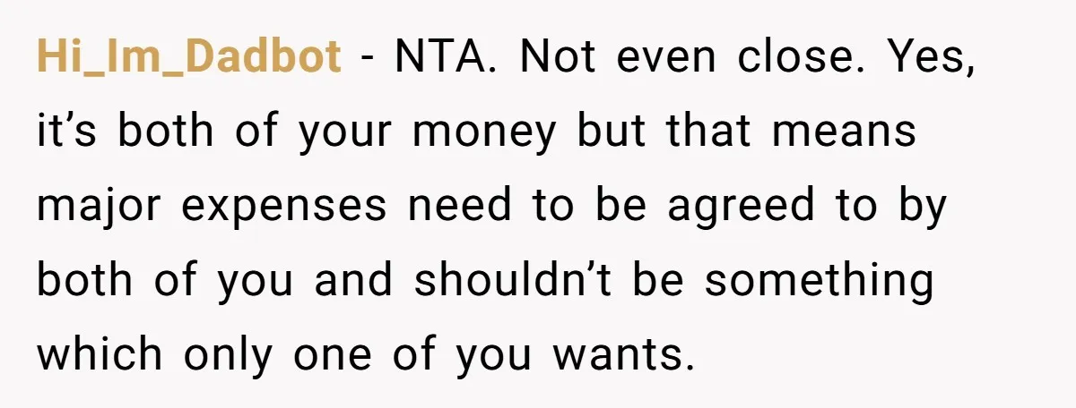 Hi_Im_Dadbot − NTA. Not even close. Yes, it’s both of your money but that means major expenses need to be agreed to by both of you and shouldn’t be something...
